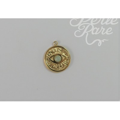 Pendentif œil rond et plat avec perle en amazonite naturelle - Plaqué or (1 pce)