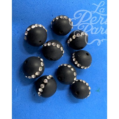Ronde 12 - Agate naturelle Noir opaque-strass (1 pce)
